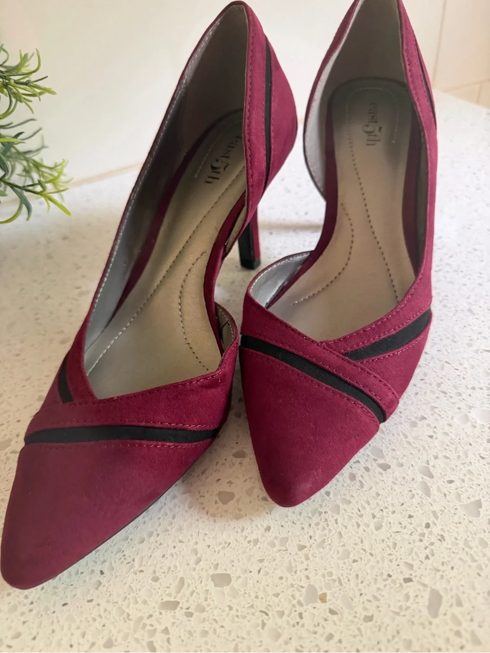 East 5th Plum Suede Pointed-Toe Pumps with Black Trim